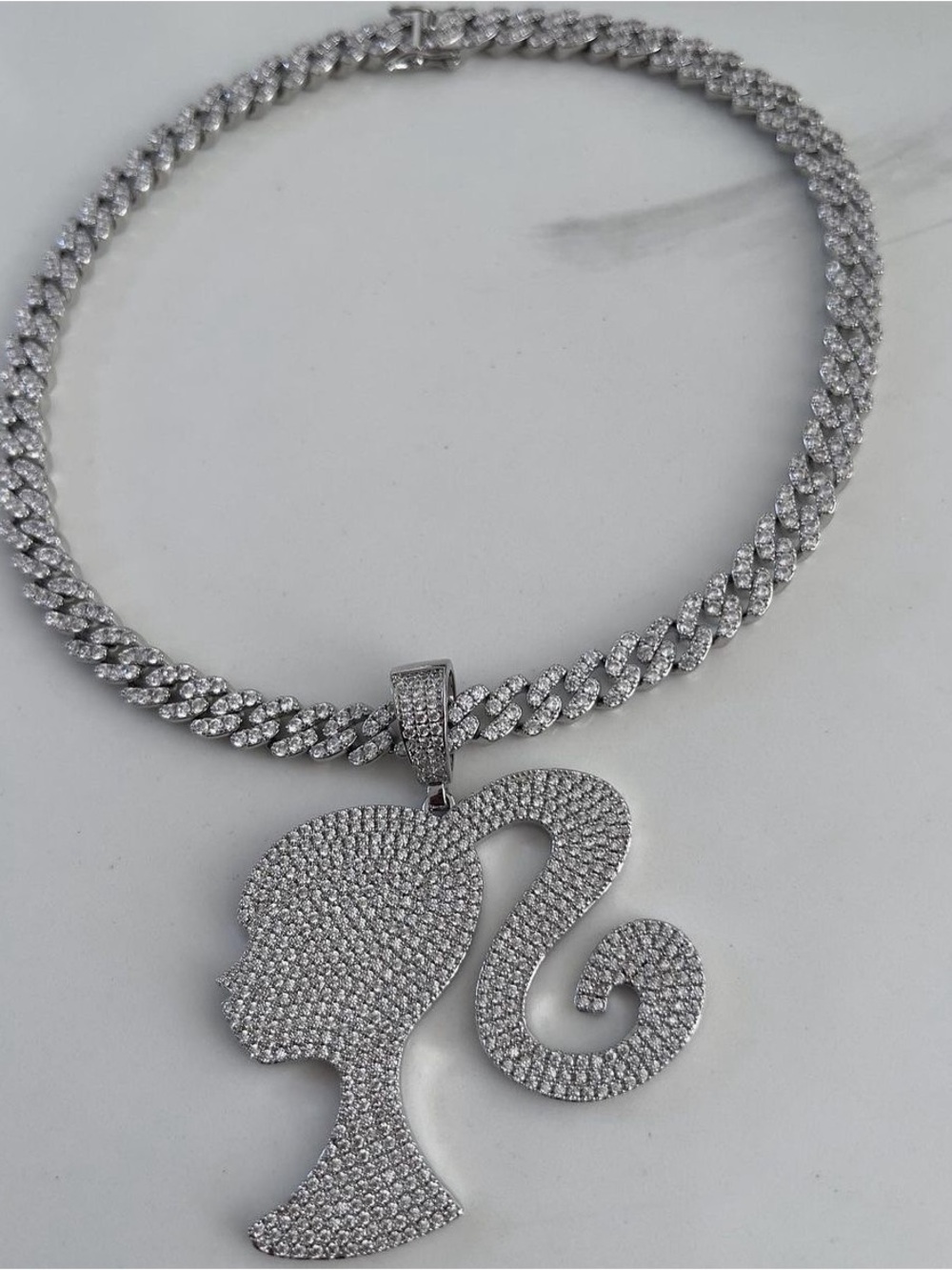 Silver Pavé Barbie Silhouette Pendant Cuban Chain Necklace 16 inch